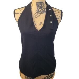 NEW Large Club Monaco black knit halter with silver snap detail neck, v-neck